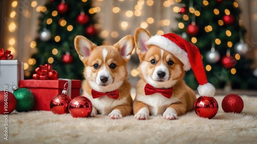 Cute two corgi dogs with Santa hat and bow tie sits by a Christmas tree surrounded by gift boxes and ornaments, set against a festive bokeh backdrop. Ideal for holiday decor themes. photo