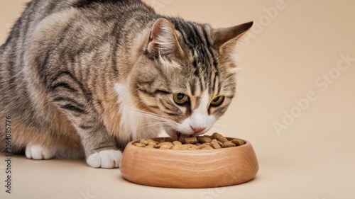 Gray tabby cat eating from wooden bowl, focused and closeup indoors