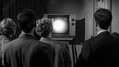 Four people watch a television screen in black and white.