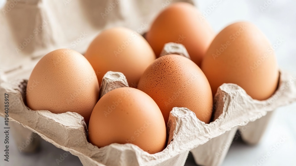 Fresh brown eggs displayed neatly in a carton.
Fresh brown eggs displayed neatly in a carton.