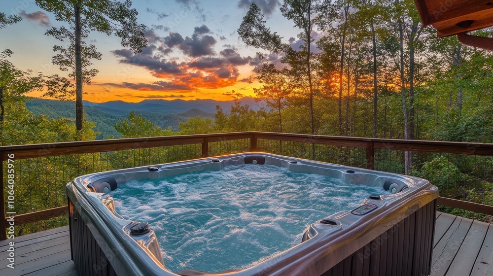 Obraz premium A hot tub on a wooden deck overlooking a stunning sunset with mountains in the distance.