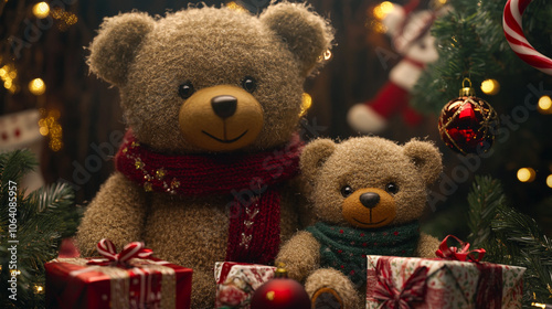 Christmas Teddy Bears with Gifts and Ornaments Under Tree