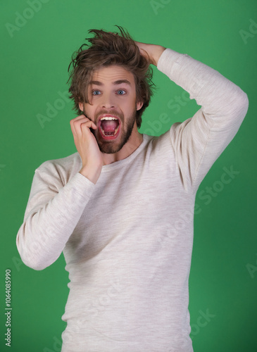 Good morning. Funny crazy Man awake in morning. Portrait of man with messy hair. Morning wellness. Morning routine for guy.