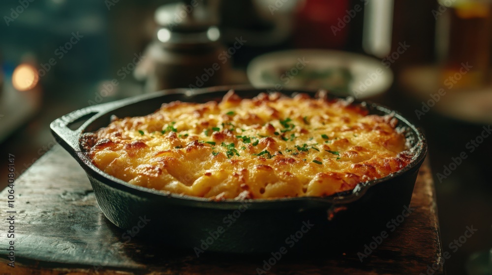 American-style macaroni and cheese, creamy and baked with a golden crust, served in a cast iron skillet American-style macaroni and cheese, creamy and baked with a golden crust, served in a cast iron skillet