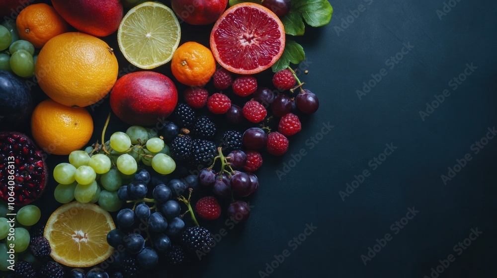 Fresh fruit assortment with berries, citrus, and grapes. Fresh fruit assortment with berries, citrus, and grapes.