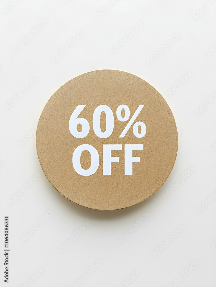 White '60% OFF' Text on a Light Brown Round Paper Note. White Background White '60% OFF' Text on a Light Brown Round Paper Note. White Background