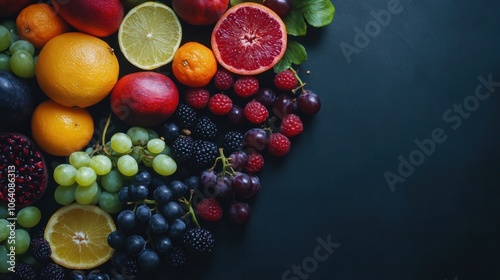 Fresh fruit assortment with berries, citrus, and grapes.