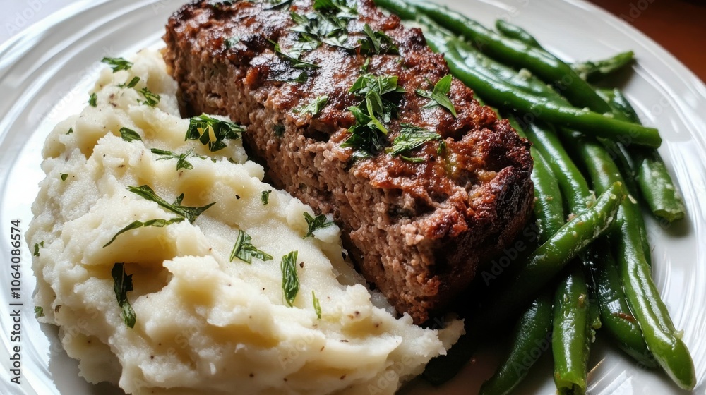 Classic American meatloaf with mashed potatoes and green beans, a comforting family dinner dish Classic American meatloaf with mashed potatoes and green beans, a comforting family dinner dish