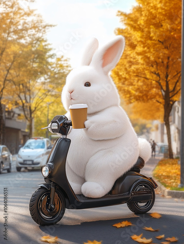 Adorable fluffy bunny sits on a scooter and holds a cup of coffee in his paw, with a fall outdoor scene.