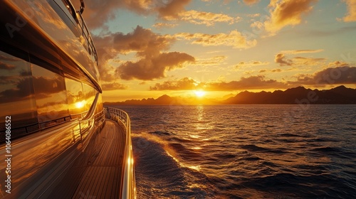 A luxury yacht sails on the open ocean at sunset, with a view of a mountain range in the distance.