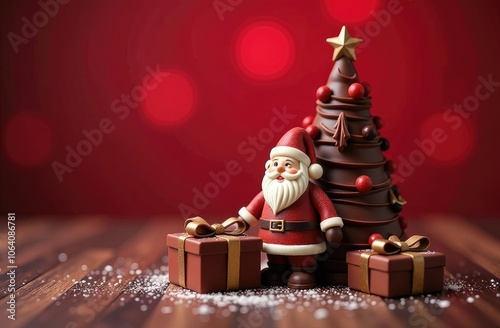New Year's chocolate composition: Christmas tree, Santa Claus, box, gift on red bokeh sparkle background.