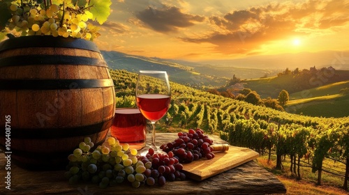 Two glasses of red wine with grapes and barrel in front of vineyard at sunset.