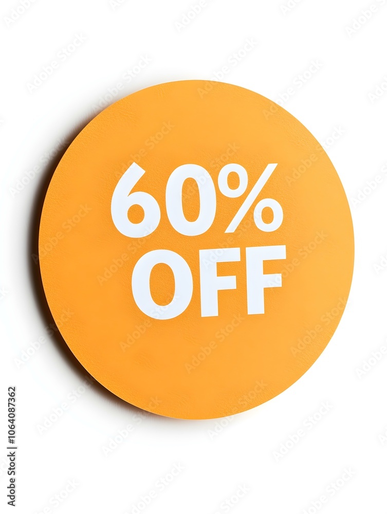 White '60% OFF' Text on a Light Orange Round Paper Note. White Background White '60% OFF' Text on a Light Orange Round Paper Note. White Background