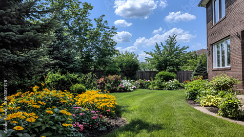 A Vibrant Backyard Sanctuary with Diverse Fothergilla Bushes and Colorful Flowers for a Peaceful Retreat photo