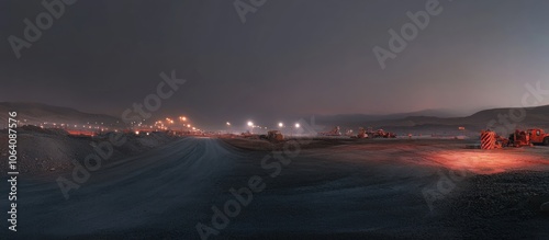 A long, dusty road winds through a desolate, industrial landscape at dusk, illuminated by distant lights.