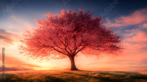 Expansive View of a Majestic Black Cherry Tree Casting Playful Shadows at Sunset