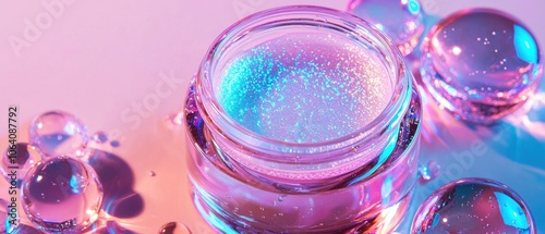 A jar of glittery makeup is on a table with a purple background