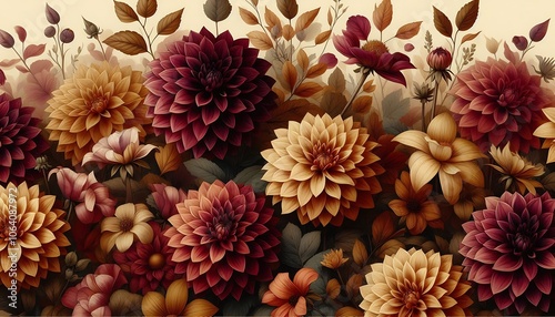 botanical background featuring dahlias in deep burgundy and mustard hues,Generative AI