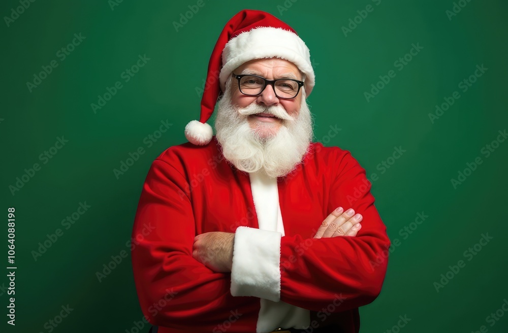Naklejka premium Santa Claus stands sideways with his arms crossed on a green background. Good Santa in glasses.
