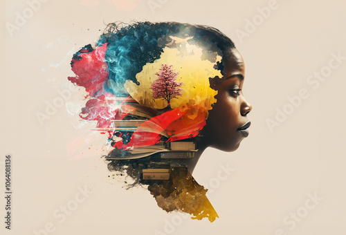 Knowledge and science girl with books and tree artistic graphic collage