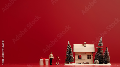 Fototapeta Naklejka Na Ścianę i Meble -  christmas miniature photography, high-res photo of a wooden christmas house model with tiny figures, gift box, red backdrop, space for text, warm tones, tree decorations, and joyful expressions