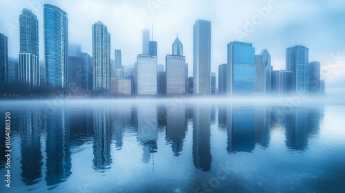 Ultra-realistic city skyline after rain, with reflective puddles and fog