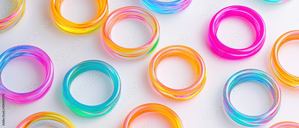 A row of colorful plastic rings are displayed on a white background