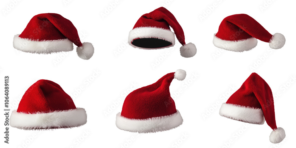 Christmas collection with six distinct designs, red, white, striped patterns. Pointed, flat caps, festive, merry, cheerful holiday decor. Isolated, transparent, PNG image for design, print, web. Christmas collection with six distinct designs, red, white, striped patterns. Pointed, flat caps, festive, merry, cheerful holiday decor. Isolated, transparent, PNG image for design, print, web.