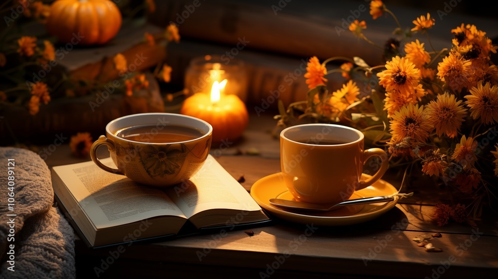 Fototapeta premium Warm autumn setup with tea, candlelight, pumpkins, and a book on a rustic wooden surface.