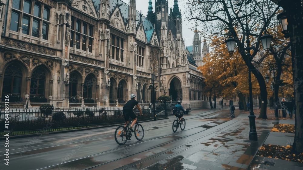 Fototapeta premium Cyclist riding past a historic building in a European city