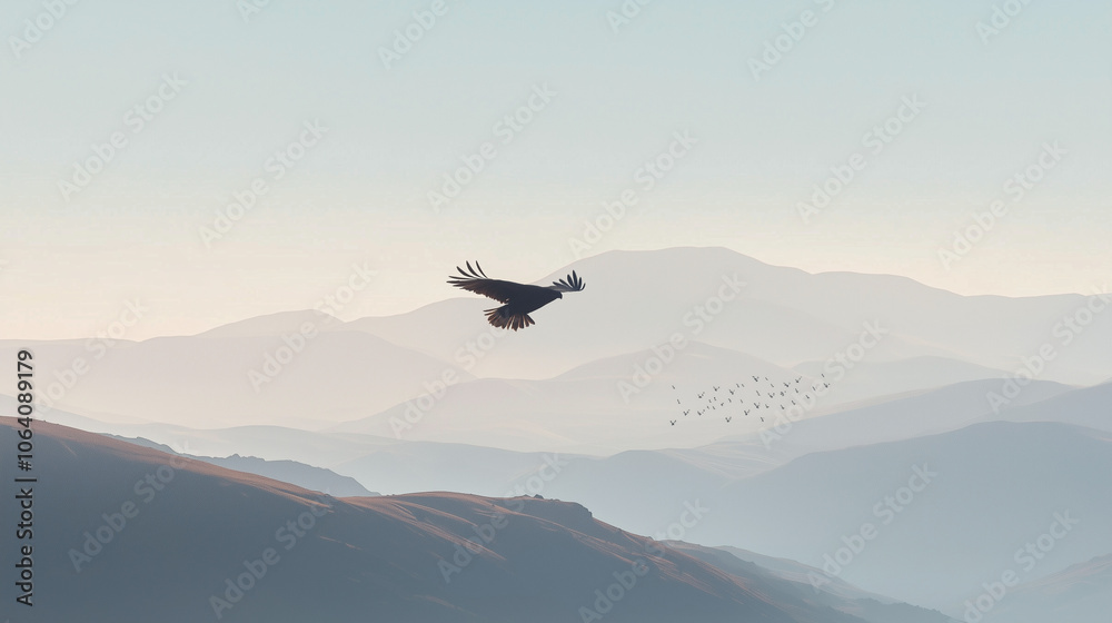 Naklejka premium Eagle Soaring Above Mountain Ridges with Birds in Flight