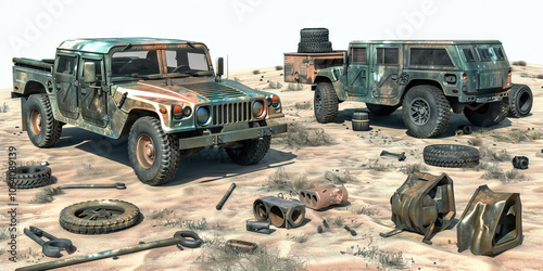 Desert Vehicle Maintenance Practice: A desert scene with multiple military vehicles, tools, and spare parts scattered about.