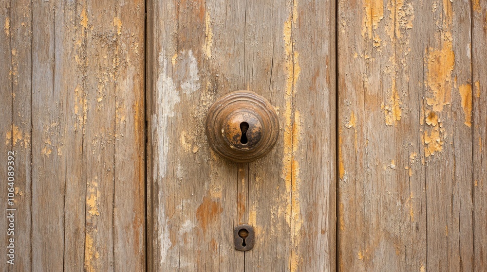 A close-up shot of a weathered wooden door with a keyhole and a round doorknob. A close-up shot of a weathered wooden door with a keyhole and a round doorknob.