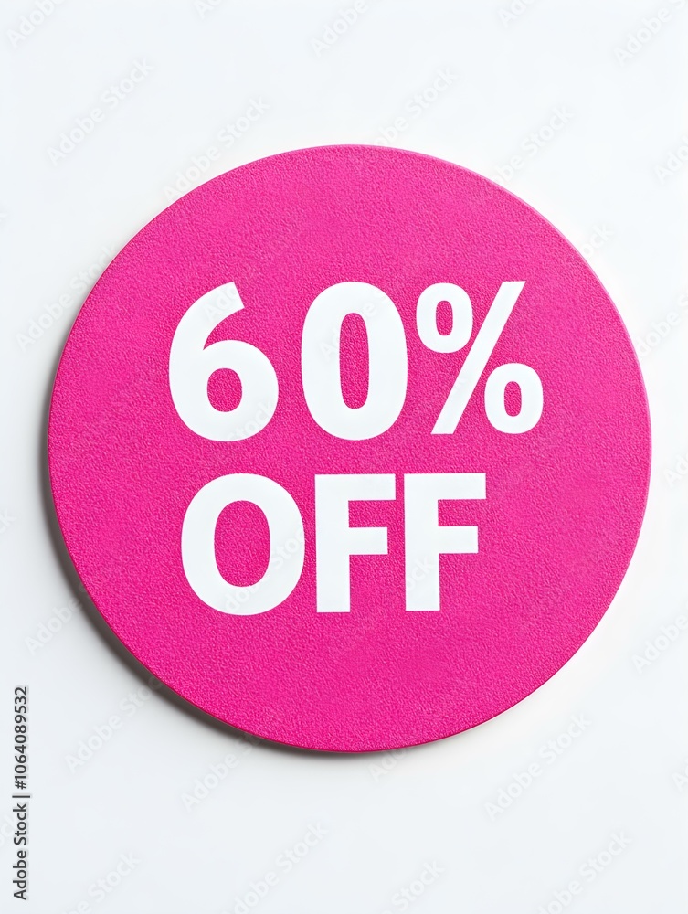 White '60% OFF' Text on a Magenta Round Paper Note. White Background White '60% OFF' Text on a Magenta Round Paper Note. White Background