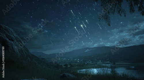 A starry night sky with shooting stars over a small village, mountains, and a lake in the distance.