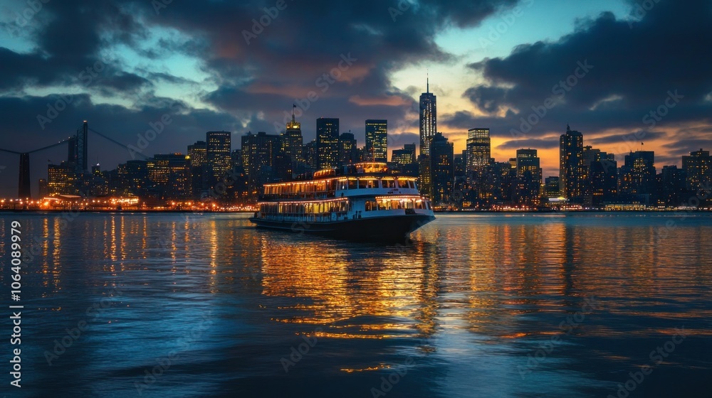 A boat sails past the illuminated skyline of New York City at sunset. The water is calm and reflects the city lights. A boat sails past the illuminated skyline of New York City at sunset. The water is calm and reflects the city lights.