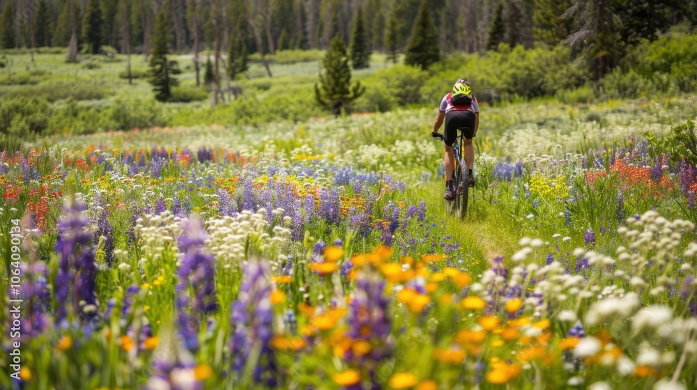 Cyclist riding through a meadow filled with wildflowers
