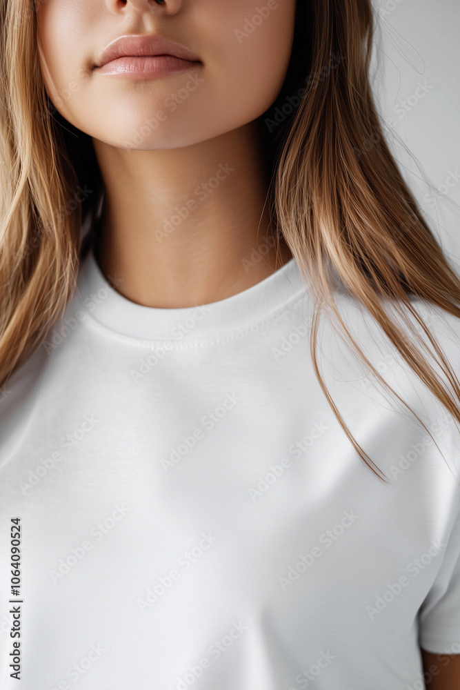 Stylish white T-shirt mockup on a cheerful young girl, ideal for presenting brand logos or custom designs.