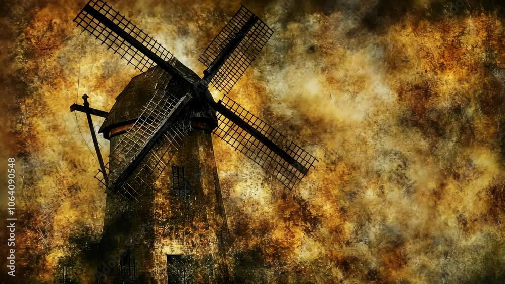 A weathered windmill stands against a fiery sky, its blades frozen in time A weathered windmill stands against a fiery sky, its blades frozen in time