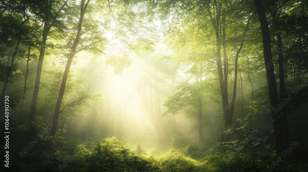 Sunlight streams through the canopy of a misty forest, creating a magical, ethereal glow. Sunlight streams through the canopy of a misty forest, creating a magical, ethereal glow.