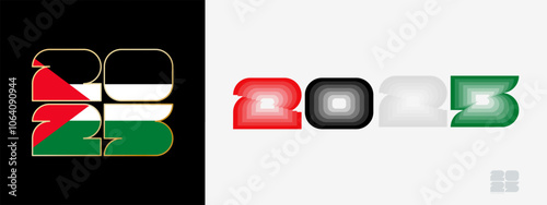 Year 2025 with flag of Palestine and in color palate of Palestine flag. Happy New Year 2025 in two different style.