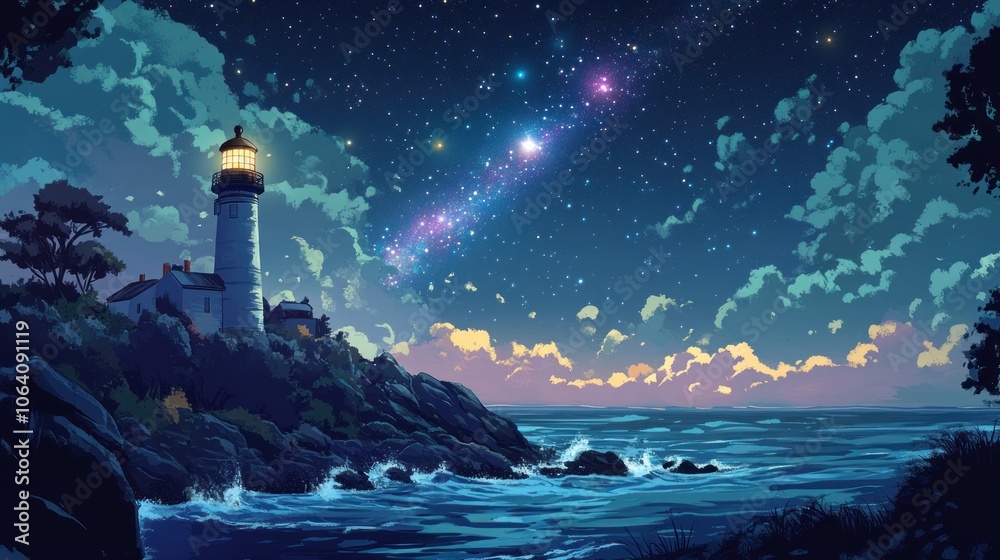A lone lighthouse stands tall on a rocky cliff overlooking a vast ocean, with a starry sky and a vibrant nebula above. A lone lighthouse stands tall on a rocky cliff overlooking a vast ocean, with a starry sky and a vibrant nebula above.