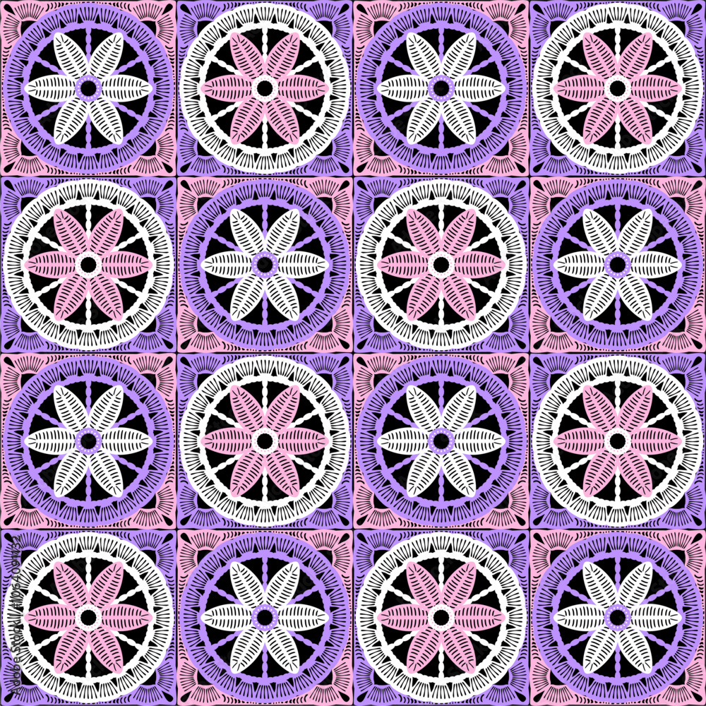 Pattern with crochet granny square with flowers wallpaper handmade decorative art design print Pattern with crochet granny square with flowers wallpaper handmade decorative art design print