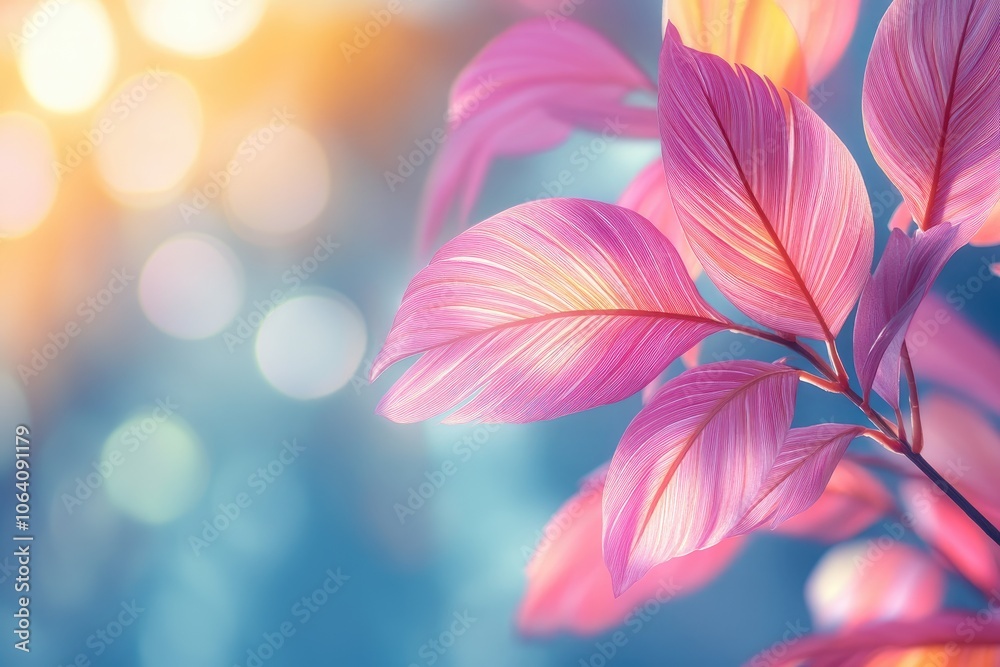 Tropical palm leaves on soft, colorful light blurred backdrop. Vacation, travel, and relaxation nature-themed designs concept. Promotions, and peaceful environment Tropical palm leaves on soft, colorful light blurred backdrop. Vacation, travel, and relaxation nature-themed designs concept. Promotions, and peaceful environment