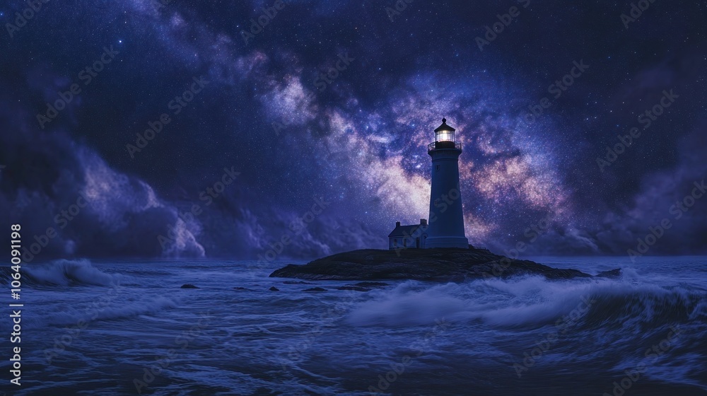 A solitary lighthouse stands tall on a rocky outcropping, its beam piercing the stormy night sky filled with a breathtaking display of stars. A solitary lighthouse stands tall on a rocky outcropping, its beam piercing the stormy night sky filled with a breathtaking display of stars.