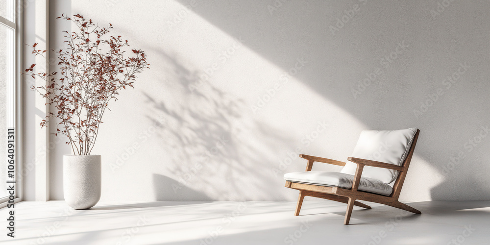 Minimalist sunlit room with wooden chair and potted plant near large window Minimalist sunlit room with wooden chair and potted plant near large window