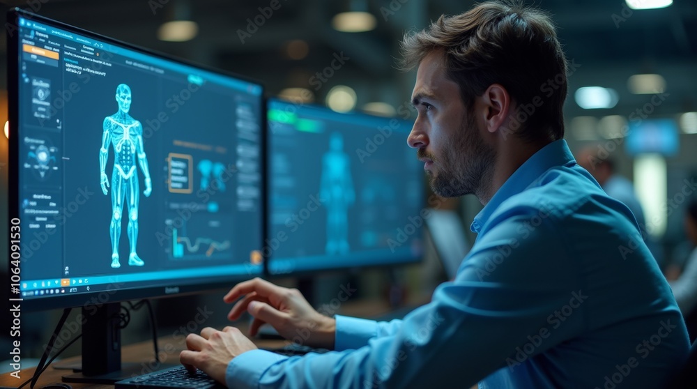 Data Analyst Monitoring Real-Time Analytics on Multiple Screens in Dark Room
Data Analyst Monitoring Real-Time Analytics on Multiple Screens in Dark Room