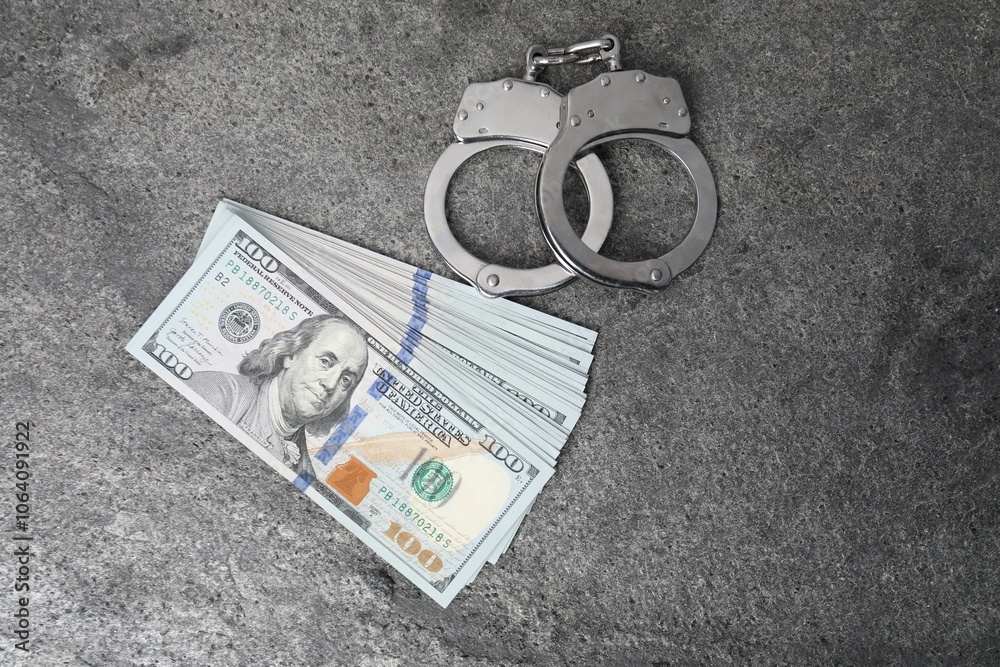 Corruption concept. Handcuffs and dollar banknotes on grey table, top view Corruption concept. Handcuffs and dollar banknotes on grey table, top view