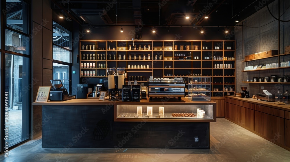 Dark-themed loft cafe interior with an open layout, displaying various coffee choices and providing a cozy atmosphere for enjoying a coffee shop setting Dark-themed loft cafe interior with an open layout, displaying various coffee choices and providing a cozy atmosphere for enjoying a coffee shop setting