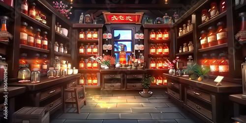 Aisle of Antidotes: A dimly lit apothecary shop, lined with dusty shelves filled with vials, jars, and potions.